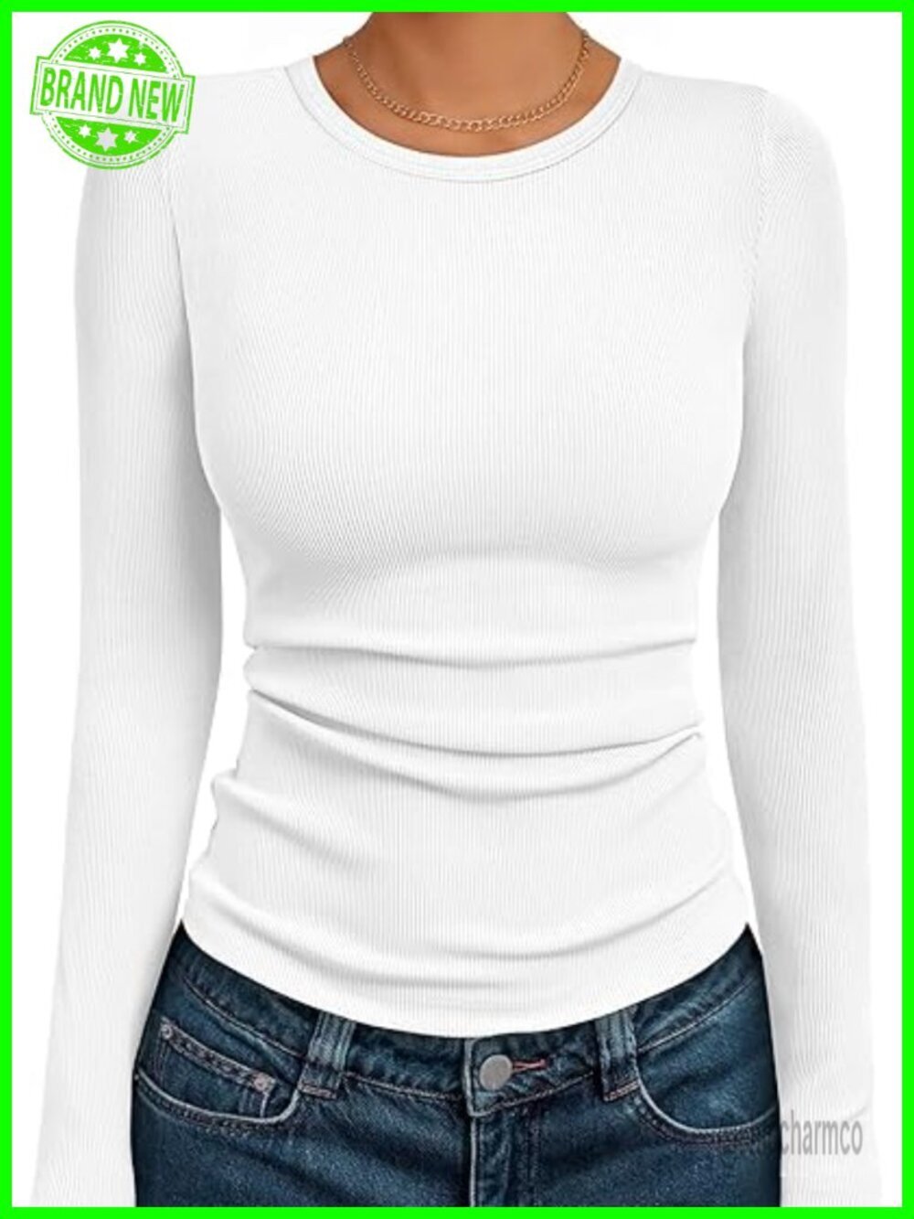 Ribbed Long Sleeve Crewneck Top - Soft Stretch Basic Tee
